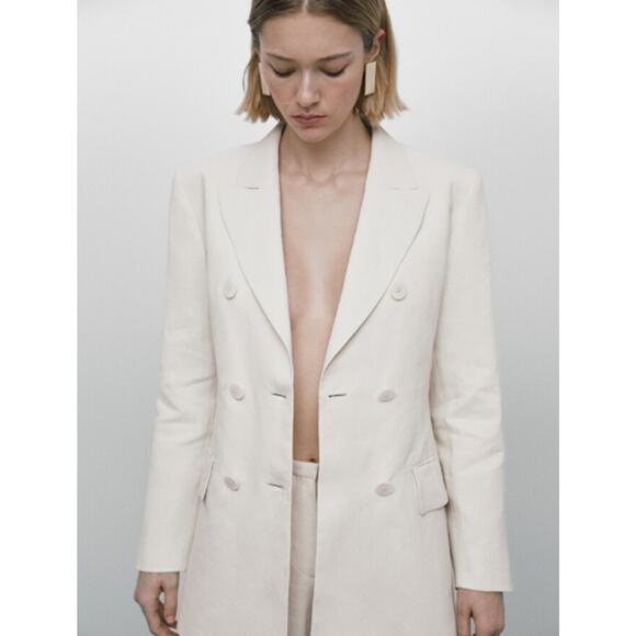 Massimo Dutti Limited Edition Double Breasted Beige Linen Blazer Size 8 NWT - Picture 1 of 14